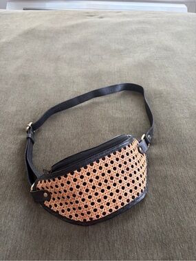 Woven Straw and Black Leather Belt Bag
